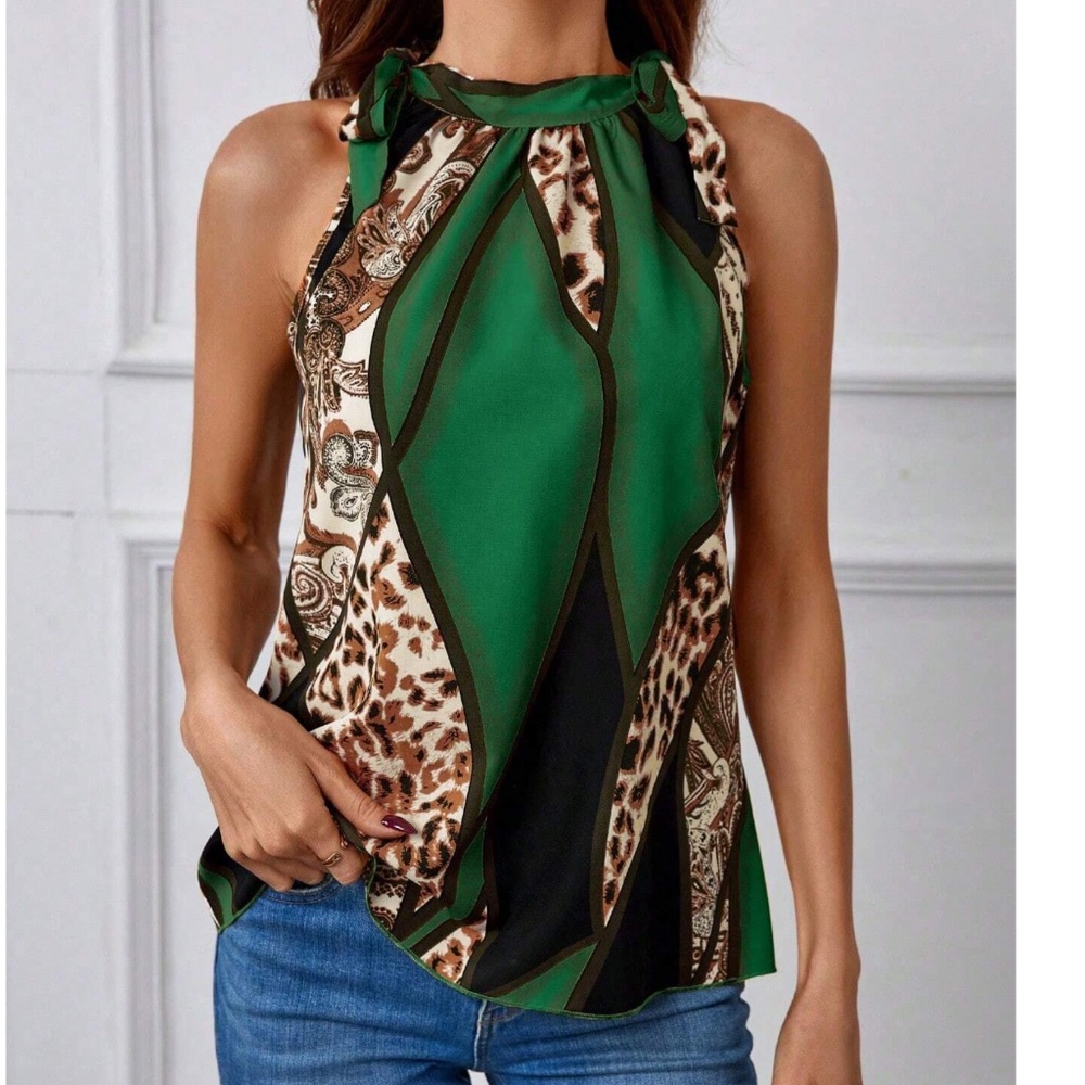 Leopard Print Color Block halter Neck Tie Tank Top - Picture 2 of 9